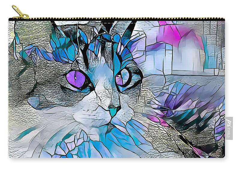 Glass Zip Pouch featuring the digital art Stained Glass Cat Profile Blue by Don Northup
