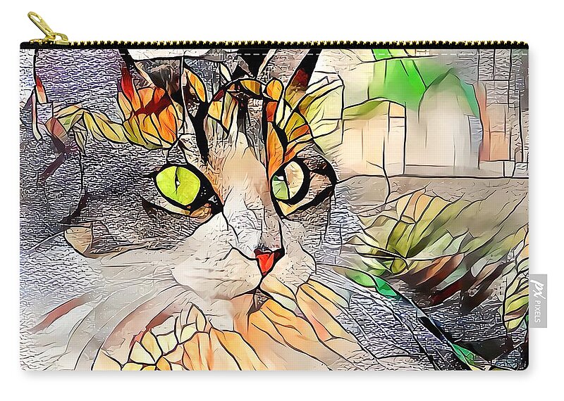 Glass Zip Pouch featuring the digital art Stained Glass Cat Profile by Don Northup