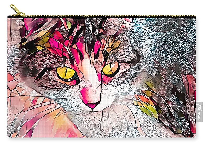 Glass Zip Pouch featuring the digital art Stained Glass Cat Stare Golden Eyes by Don Northup