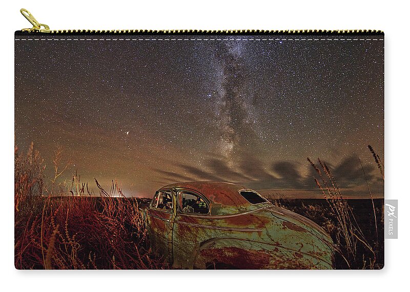 Milky Way Galaxy Stars Night Chevy 57 Chevy Abandoned Sky Nightscape Astroscape Landscape Horizontal Nd North Dakota Autumn Astronomy Stargazer Vintage Zip Pouch featuring the photograph Star Cruiser #2 - 1947 chevy with Milky Way by Peter Herman