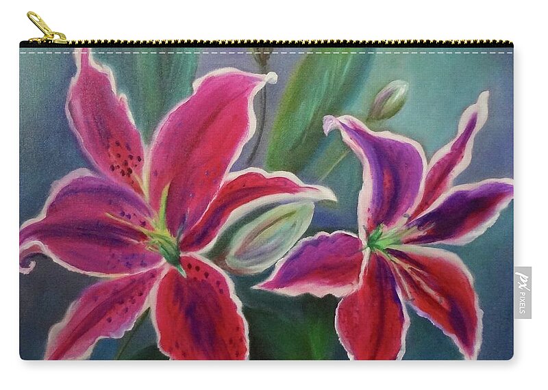 Pink Lilies Zip Pouch featuring the painting Stargazer Lilies by Jenny Lee