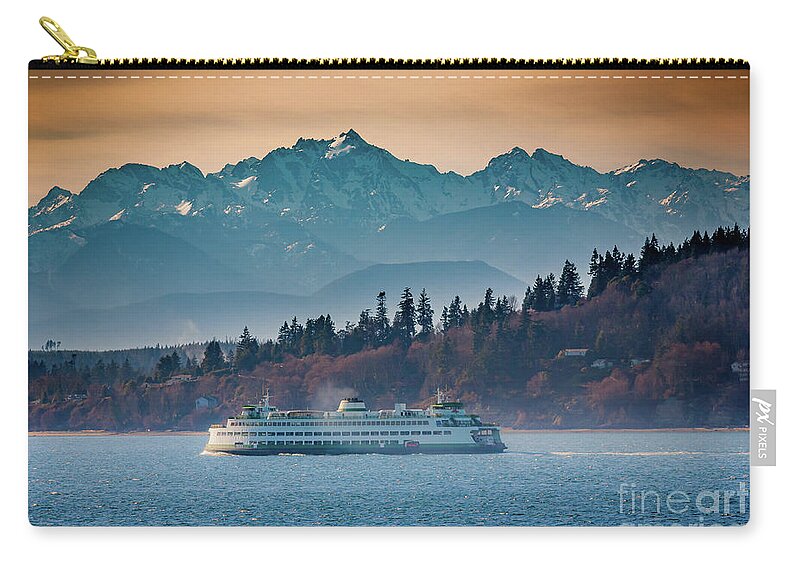 Seattle Zip Pouch featuring the photograph State Ferry and the Olympics by Inge Johnsson