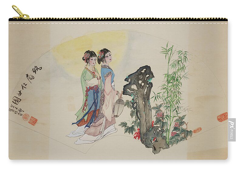 Chinese Watercolor Zip Pouch featuring the painting Ladies in the Garden by Jenny Sanders