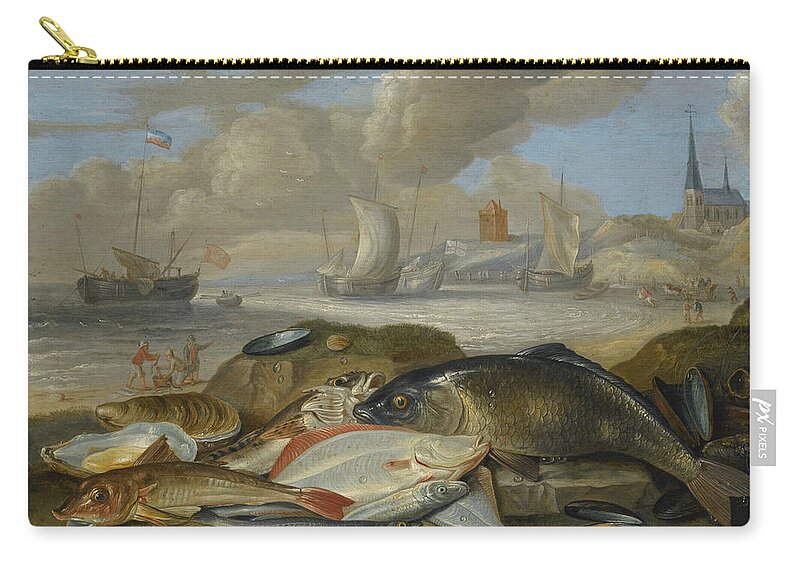 17th Century Art Zip Pouch featuring the painting Still Life of Fish in a Harbor Landscape, Possibly an Allegory of the Element of Water by Jan van Kessel the Elder