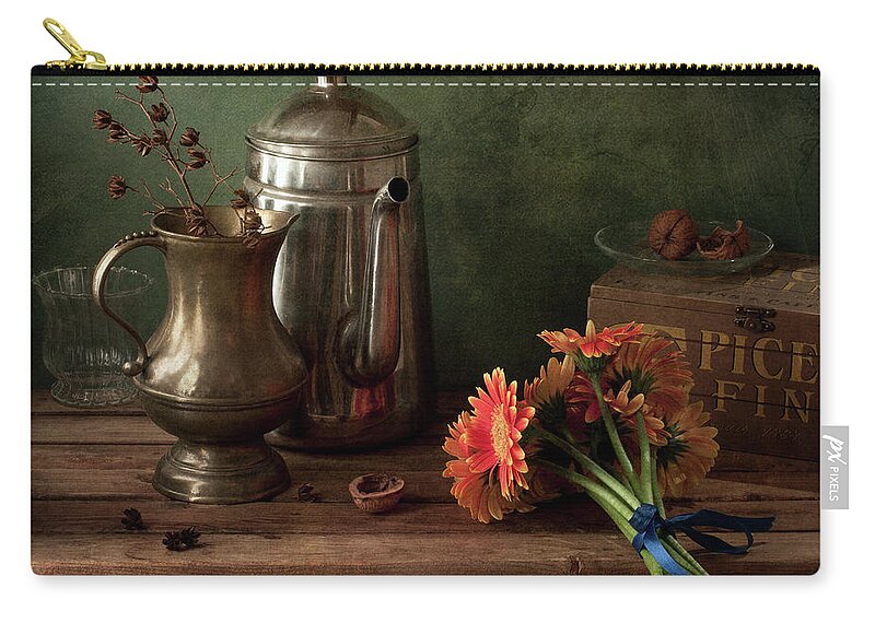 Orange Color Zip Pouch featuring the photograph Still Life With Gerbera Flowers And by Copyright Anna Nemoy(xaomena)