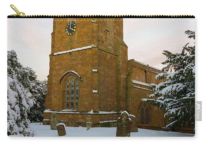 Village Zip Pouch featuring the photograph Stone Church in the Snow at Sunset by Mark Hunter