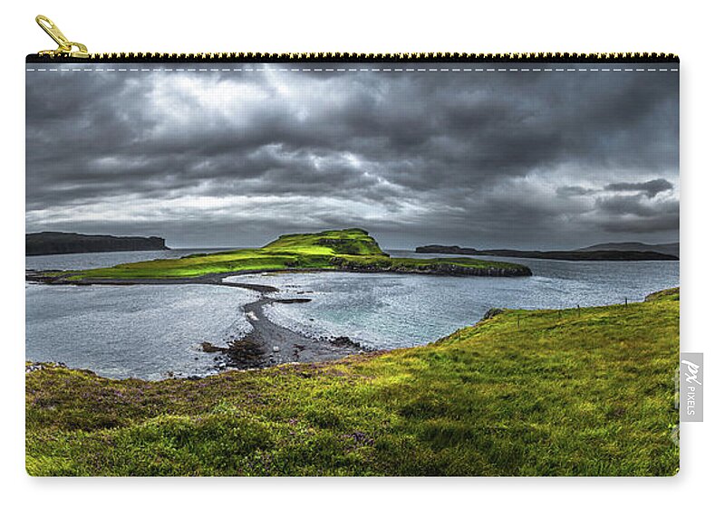 Adventure Zip Pouch featuring the photograph Stony Sandbank To Sunlit Green Island At Low Tide On The Isle Of Skye In Scotland by Andreas Berthold