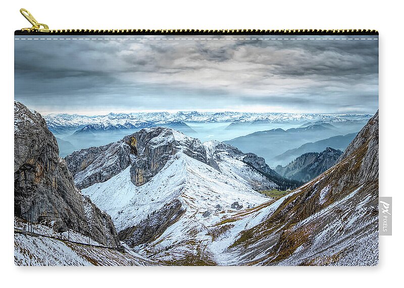 Mountains Carry-all Pouch featuring the photograph Stormy Mountains Panorama, Mount Pilatus, Switzerland by Rick Deacon