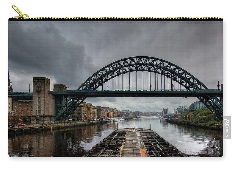 Low Level Bridge Zip Pouch featuring the mixed media Stormy Newcastle by Smart Aviation