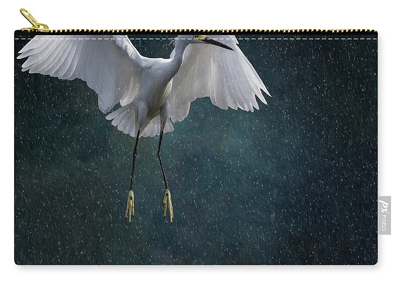 Animal Themes Zip Pouch featuring the photograph Stormy Snowy Egret by Melinda Moore