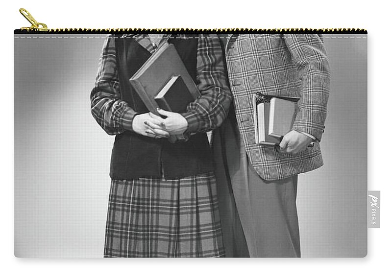 Young Men Zip Pouch featuring the photograph Student Couple Posing In Studio, B&w by George Marks
