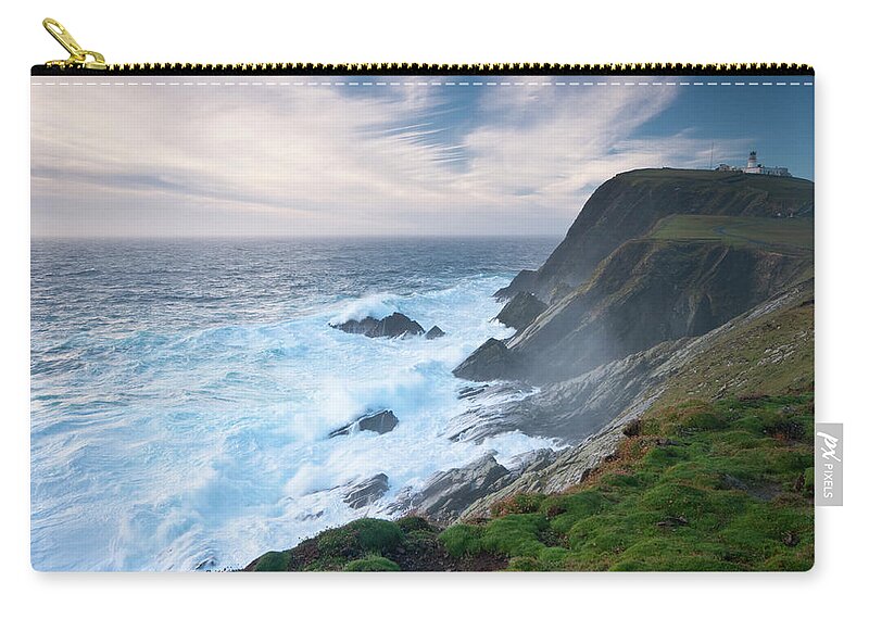 Wind Zip Pouch featuring the photograph Sumburgh Head In Stormy Weather by Moorefam