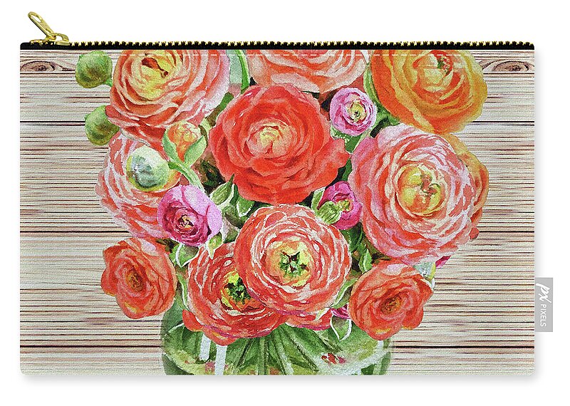 Flowers Zip Pouch featuring the painting Summer Bouquet Ranunculus Flowers In The Glass Vase by Irina Sztukowski