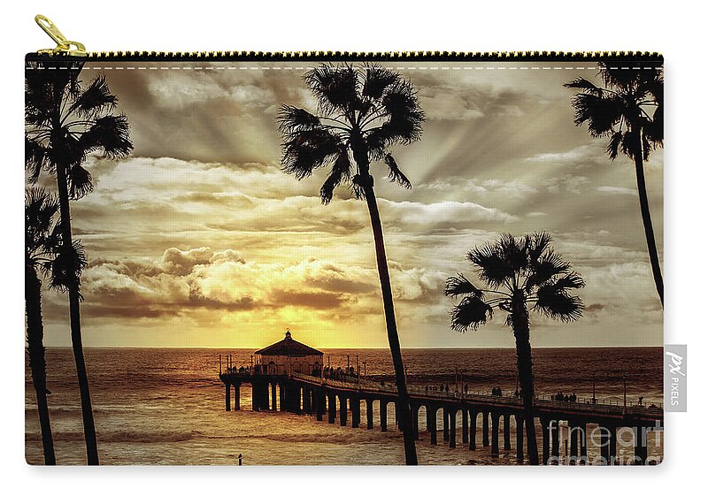 Manhattan Beach California Pier Zip Pouch featuring the photograph Sun Setting On Pier  by Jerry Cowart