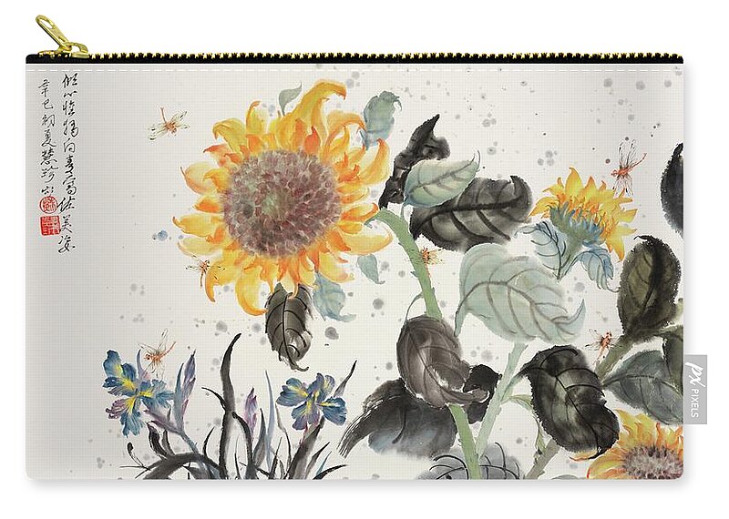Chinese Watercolor Zip Pouch featuring the painting Sunflower and Dragonfly by Jenny Sanders