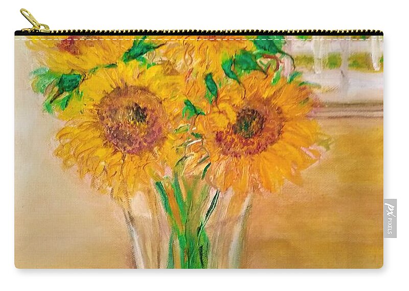 Sunflowers With Their Green Stems And Bright Colors In A Half Filled Water Vase. Hippiessunflowers Zip Pouch featuring the painting Sunflowers by Kathy Knopp