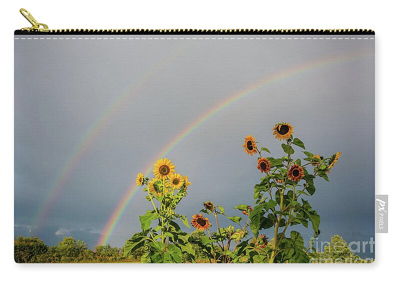 Cheryl Baxter Photography Zip Pouch featuring the photograph Sunflowers Under the Rainbow by Cheryl Baxter