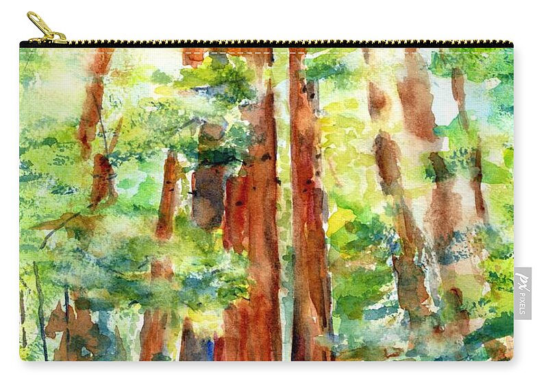 Redwoods Zip Pouch featuring the painting Sunlight through Redwood Trees by Carlin Blahnik CarlinArtWatercolor