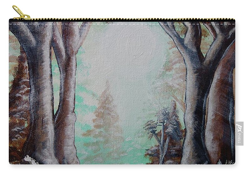 Sunlight Through The Forest Zip Pouch featuring the painting Sunlight Through The Forest by Jacqueline Athmann