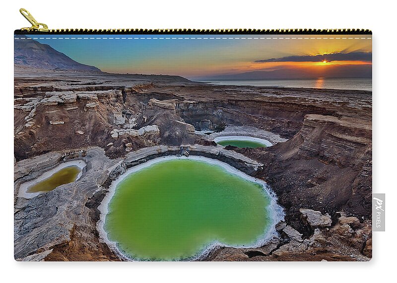 Scenics Zip Pouch featuring the photograph Sunrise Over Three Sinkholes On Dead Sea by Ilan Shacham