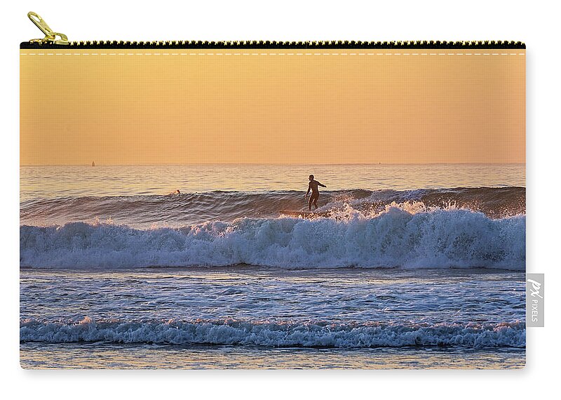 Kennebunk Zip Pouch featuring the photograph Sunrise Surfer Gooch's Beach Kennebunk Maine New England Golden Sky by Toby McGuire