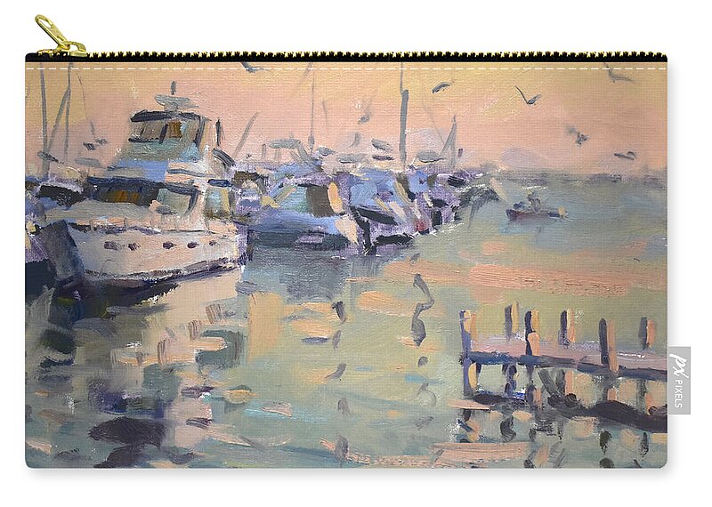Boats Carry-all Pouch featuring the painting Sunset at Buffalo Harbor by Ylli Haruni