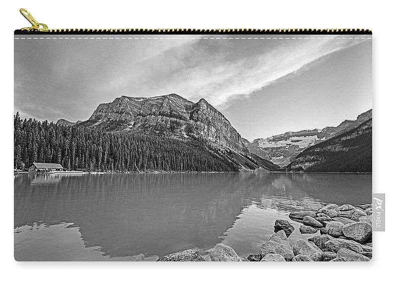 Lake Zip Pouch featuring the photograph Sunset in Lake Louise Banff National Park Black and White by Toby McGuire