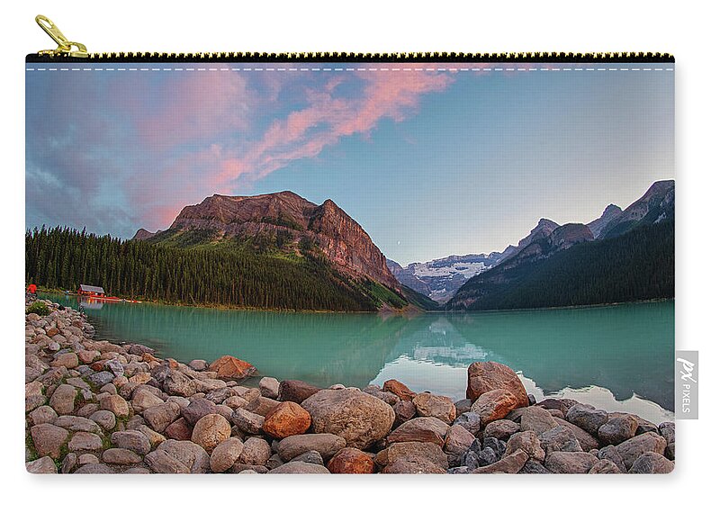 Lake Zip Pouch featuring the photograph Sunset in Lake Louise Banff National Park Boat House Red Sky Rock Detail by Toby McGuire