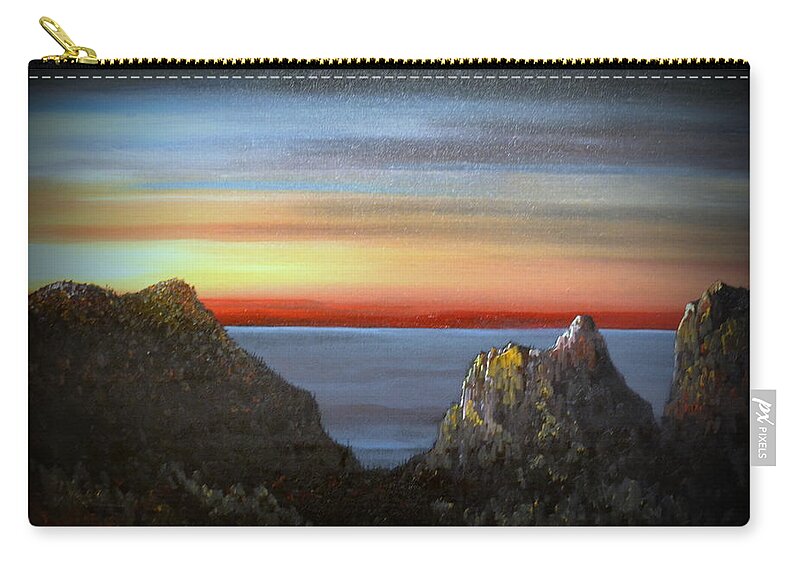 This Is An Oil Painting Of A Sundown . There Is An Ocean Reflecting The Light Blue Sky. There Are Clouds Far In The Distance From The Mountains. What Is Remaining Of The Sunlight Is Revealing Some Of The Steep Mountain Cliffs. The Dark Red Horizon Draws The Viewer Eye To That Area. The Ocean Is Calm With No Waves Or Wind. This Original Oil Painting Is 18x24 Inches. This Painting Would Appeal To Many People And Fit In Any Room. The Painting Does Not Come With A Frame. Zip Pouch featuring the painting Sunset Mountain by Martin Schmidt