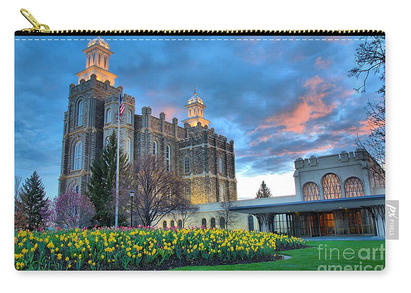 Logan Temple Zip Pouch featuring the photograph Sunset Over The Logan Temple Grounds by Adam Jewell