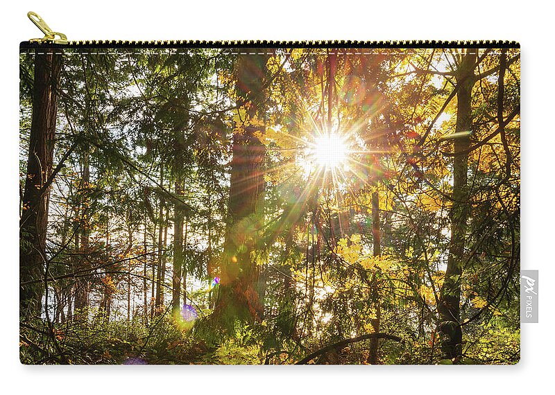 Fall; Autumn; Color; Trees; Forest; Sun; Ray Of Sunshine; Trail; Chuckanut Drive; Washington; Pnw; Pacific North West Zip Pouch featuring the digital art Sunshine at Whatcom County by Michael Lee