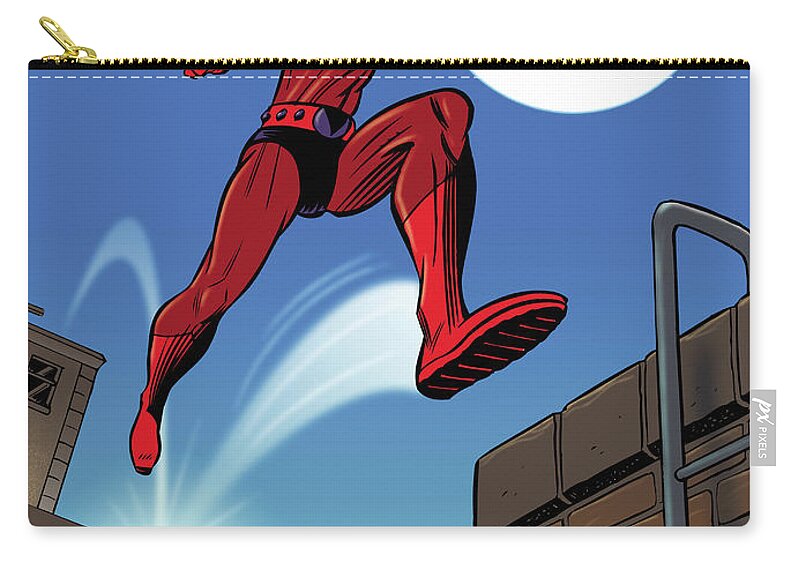 One Man Only Zip Pouch featuring the digital art Super Hero Leaping From Building by Peter Richardson