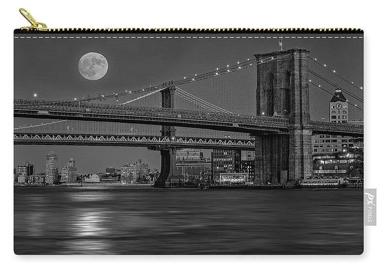 Nyc Skyline Zip Pouch featuring the photograph Super Moon Over Manhattan and Brooklyn Bridges NYC BW by Susan Candelario