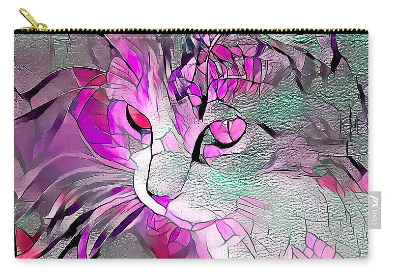 Glass Zip Pouch featuring the digital art Super Stained Glass Kitten Pink by Don Northup