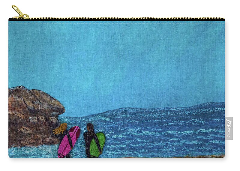 Surfers Carry-all Pouch featuring the painting Surfer Girls by Randy Sylvia