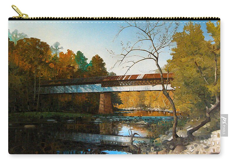 Covered Bridge American Landscape Autumn River Bridges Fine Art Oil Painting Zip Pouch featuring the painting Swann Covered Bridge In Early Autumn by T S Carson