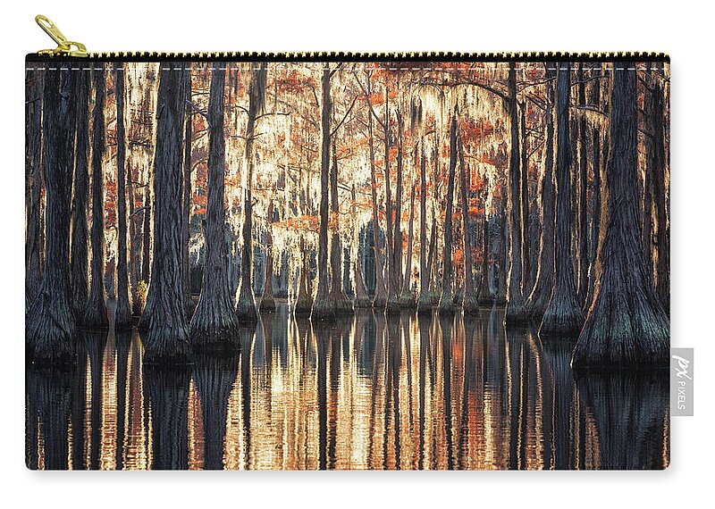 Abstract Zip Pouch featuring the photograph Symphony of Light at Cypress Lake by Alex Mironyuk