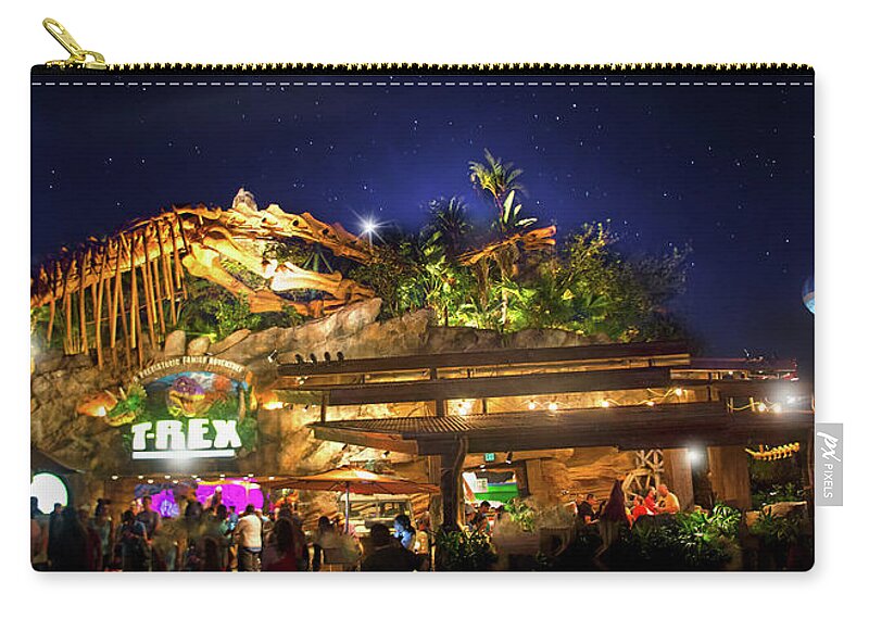 T-rex Cafe Zip Pouch featuring the photograph T-Rex Cafe at Disney Springs by Mark Andrew Thomas