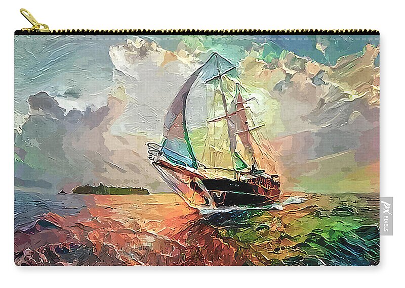 Tall Ship Zip Pouch featuring the photograph Tall Ship Sails Toward Shore Abstract Painted Digitally by Sandi OReilly