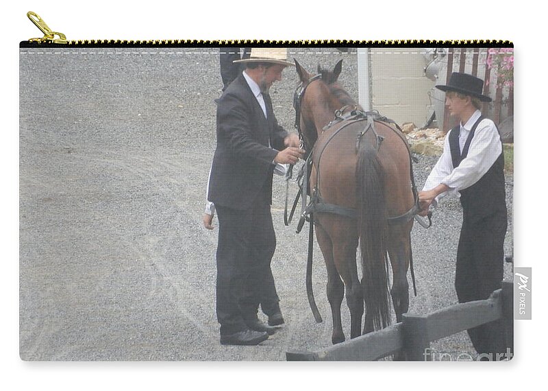 Amish Zip Pouch featuring the photograph Tending to a Horse by Christine Clark