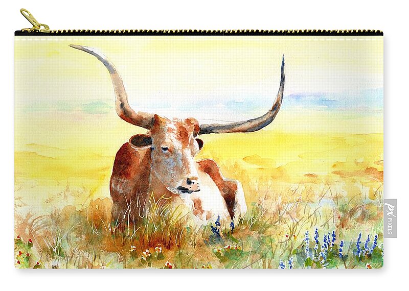Longhorn Zip Pouch featuring the painting Texas Longhorn, Bluebonnets and Sunshine by Carlin Blahnik CarlinArtWatercolor