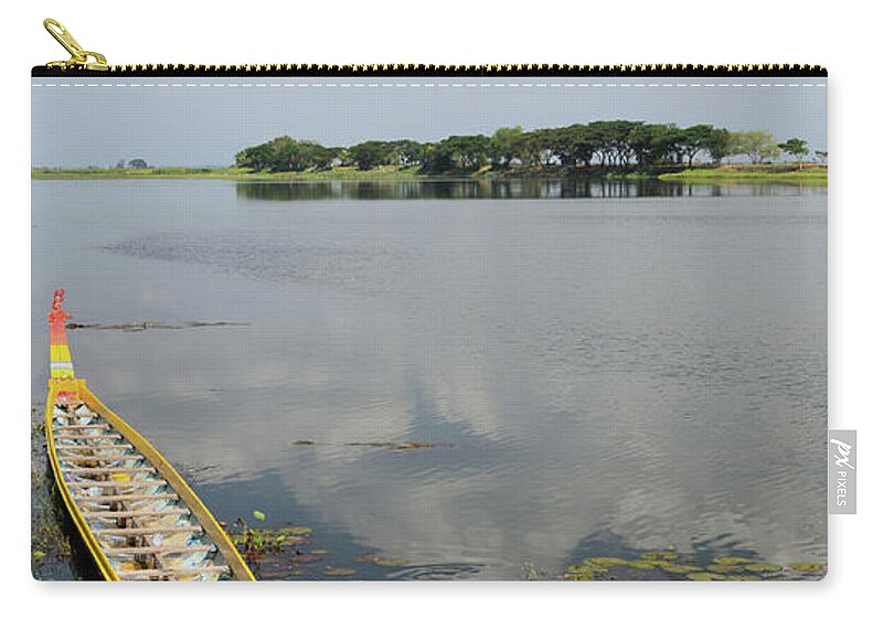 Scenics Zip Pouch featuring the photograph Thai Lake With A Boat On The Shore by Oks mit