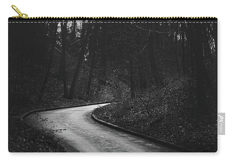 Black And White Zip Pouch featuring the photograph That Lonesome Road by Scott Norris