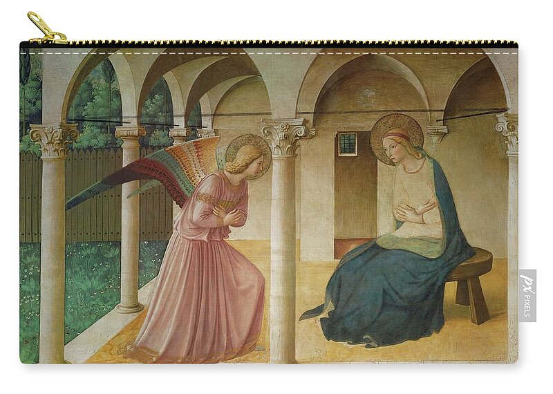 Archangel Gabriel Zip Pouch featuring the painting The Annunciation. Fresco in the former dormitory of the Dominican monastery San Marco, Florence. by Fra Angelico -c 1395-1455-