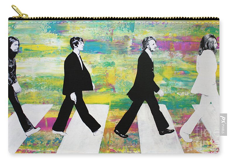 The Beatles Zip Pouch featuring the mixed media The Beatles Group on Abbey Road by Kathleen Artist PRO