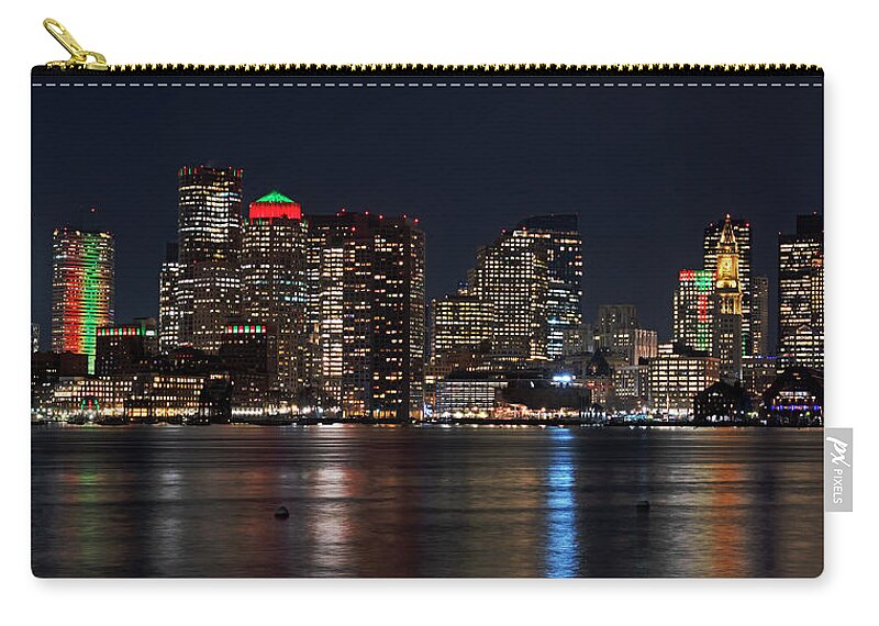 Boston Zip Pouch featuring the photograph The Boston Skyline lit up for Christmas Boston MA East Boston Panorama by Toby McGuire