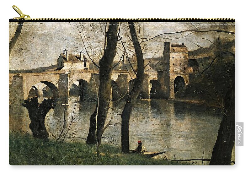 Jean-baptiste-camille Corot Zip Pouch featuring the painting The Bridge at Mantes - 1868- 38,5x55,5 cm - oil on canvas. by Jean Baptiste Camille Corot -1796-1875-