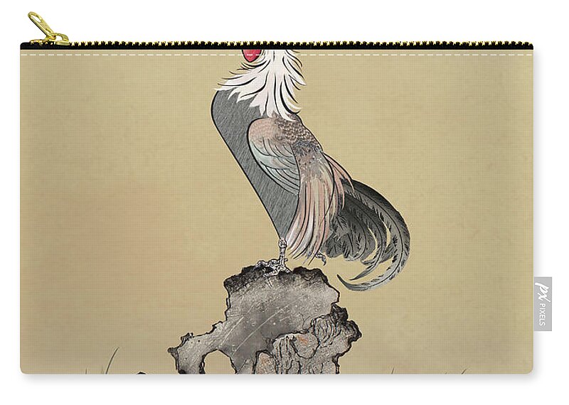 Asian Zip Pouch featuring the mixed media The Cockerel by M Spadecaller