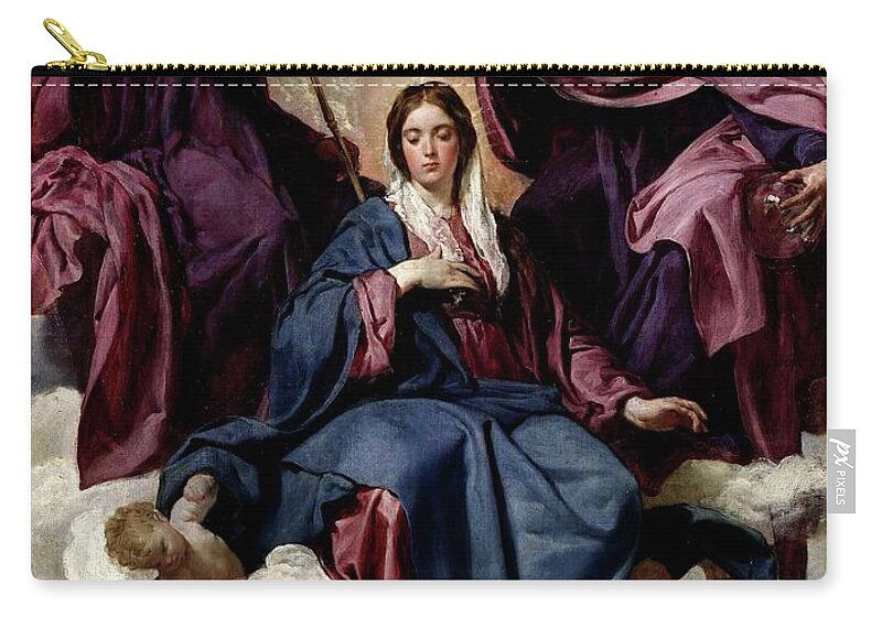 Diego Velazquez Zip Pouch featuring the painting 'The Coronation of the Virgin', ca. 1635, Spanish School, ... by Diego Velazquez -1599-1660-
