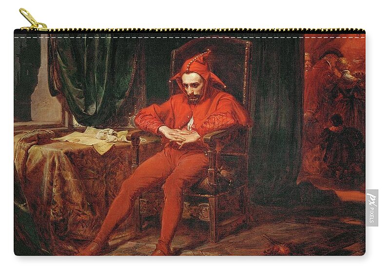 Jan Matejko Zip Pouch featuring the painting The court jester Stanczyk receives news of the loss of Smolensk -1514-. by Jan Matejko